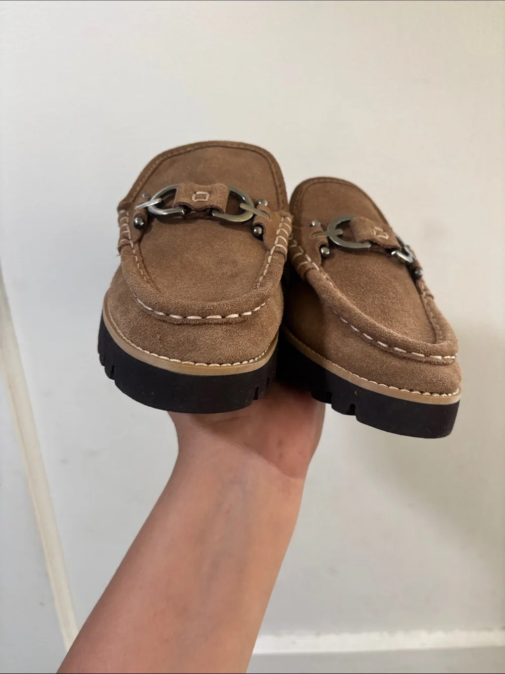 Donald J. Pliner Brown Suede Slip-On Loafers with Metal Bit